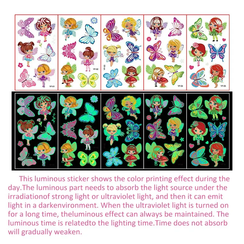 30pcs Children's Luminous Tattoo Stickers Kids Glow Body Paster Unicorn Butterfly Animal Dinosaur Mermaid Cartoon Stickers Gift