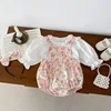 2025 Spring Autumn Baby Girls 2PCS Clothes Set Ruffle Solid Cotton Shirts Flower Printed Strappy Romper Suit Toddler Girl Outfit 1