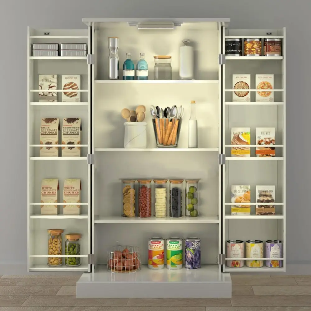 50 LED Kitchen Pantry Cabinet White Storage Cabinet Food Pantry with Doors and Adjustable Shelves Freestanding Buffet Cupboards 1