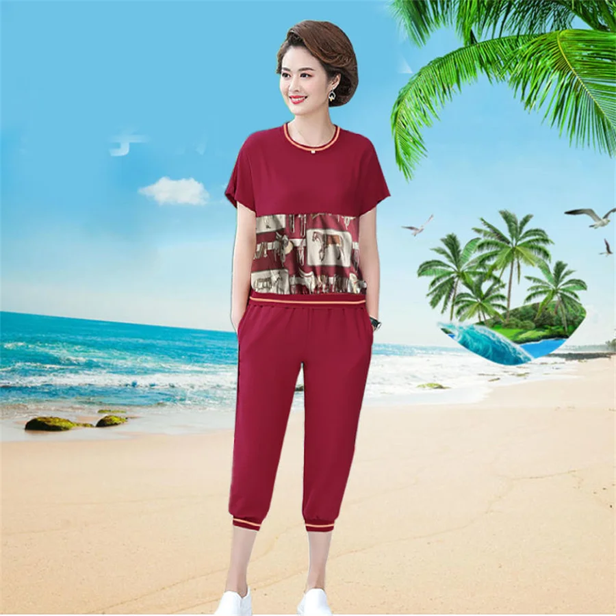 

5XL Casual Two Piece Set Short Sleeved Sports Summer New Running Cropped Pants and Trousers Suit Red Black Clothes