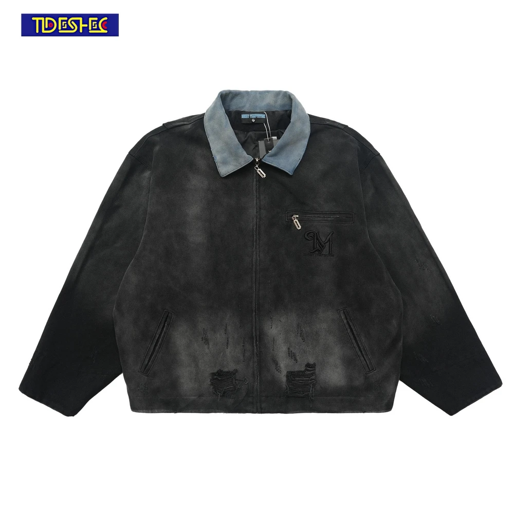 

2024 Hip Hop Europe and America Washed Lapel Jacket Men Ripped Denim Loose Vintage Jeans Jackets Coat Harajuku Streetwear Y2K
