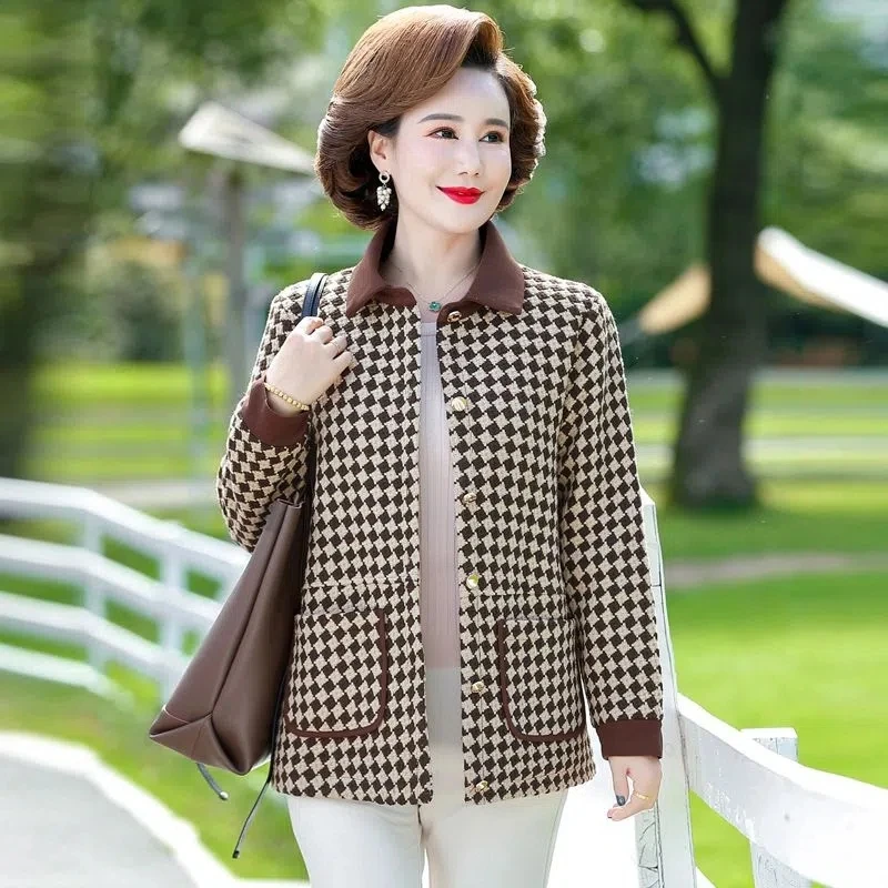 

Middle-aged Elderly Mothers Autumn Coat Jacket New Style Women Short Plaid Woolen Outwear Casual Wild Female Overcoat 5XL