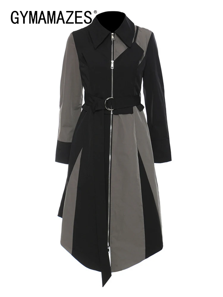 

GYMAMAZES Hit Color Spliced Belt Trench For Women Lapel Long Sleeve Patchwork Zipper Gathered Waist Trenches Female New Fashion