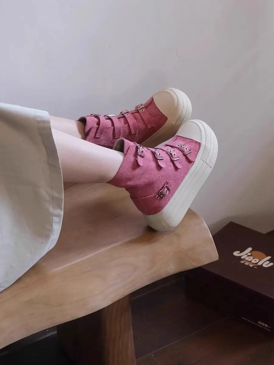 2024 Belt Buckle Woman Platform Sneakers Shoes Female Retro Punk High-top Casual Shoes Canvas Shoes Ladies Fashion Cloth Shoes 5