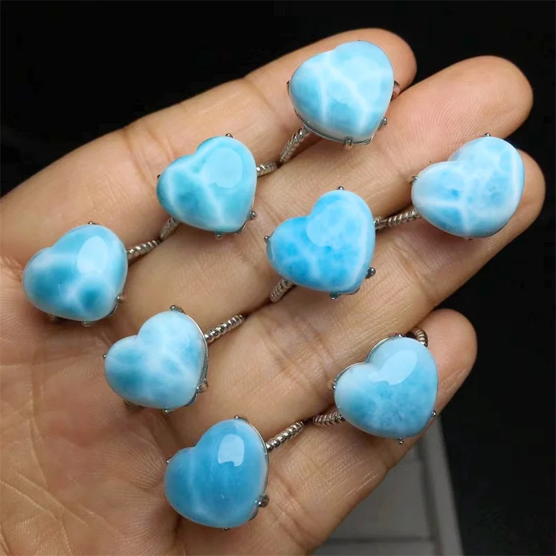 

S925 Natural Larimar Egg &Heart Rings Fashion Jewelry Healing Blue Gemstone Christmas Present 1pcs