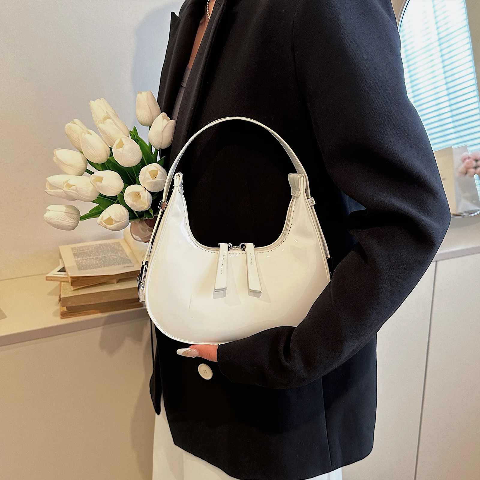 Women PU Leather Half Moon Bag Vintage Small Shoulder Bag for