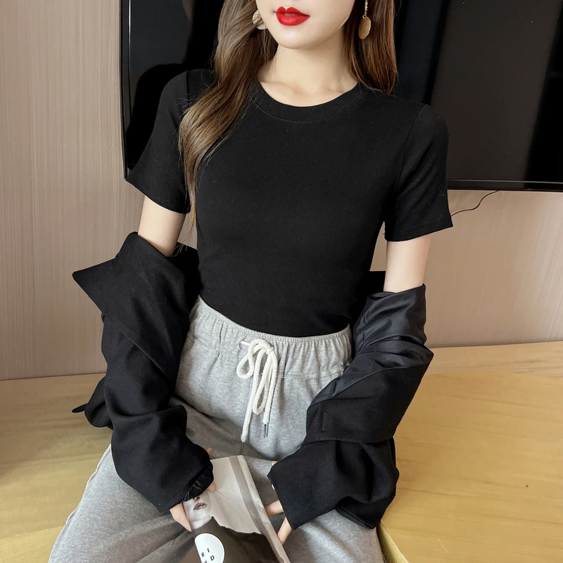 

Корейская хлопковая футболка, женская летняя однотонная облегающая Повседневная Блузка