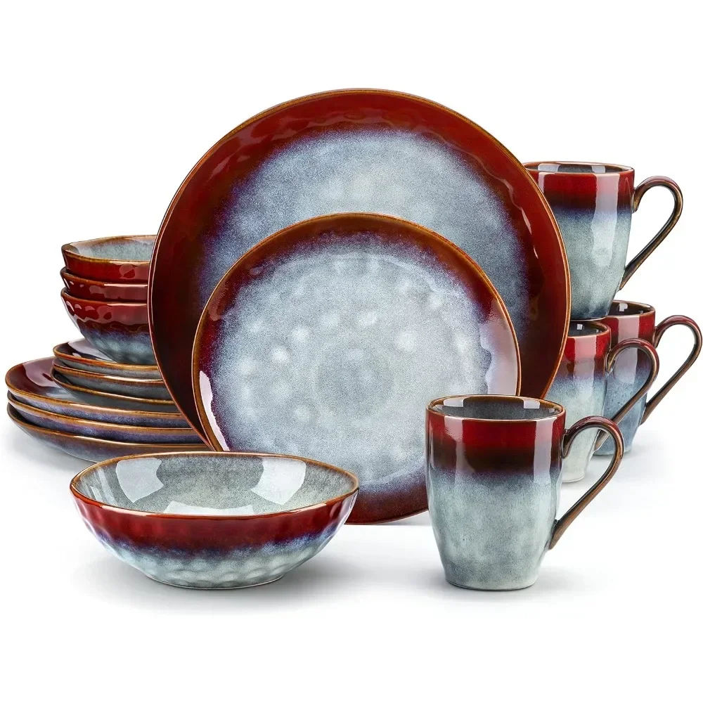 

16 Pieces Red Dinnerware Set, Reactive Change Glaze Dinner Set, Plates and Bowls Set, Perfect Gift Choice, Safe To Use