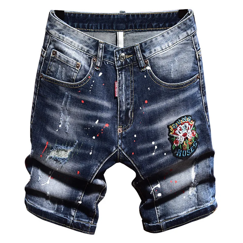 Summer Thin Blue Embroidered Denim Shorts For Men'S Fashion With Straight Cut Trendy Slim Fit Casual Trendy Brand Horse Pants