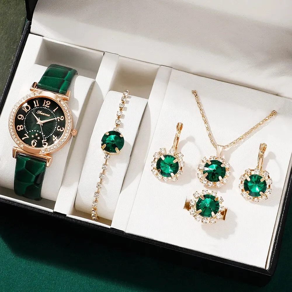 Women Watches 6PCS Set Women Watches Luxury Female Clock Quartz Wristwatch Green Dial Fashion Ladies Wrist Watch Reloj Mujer Relogio Feminino