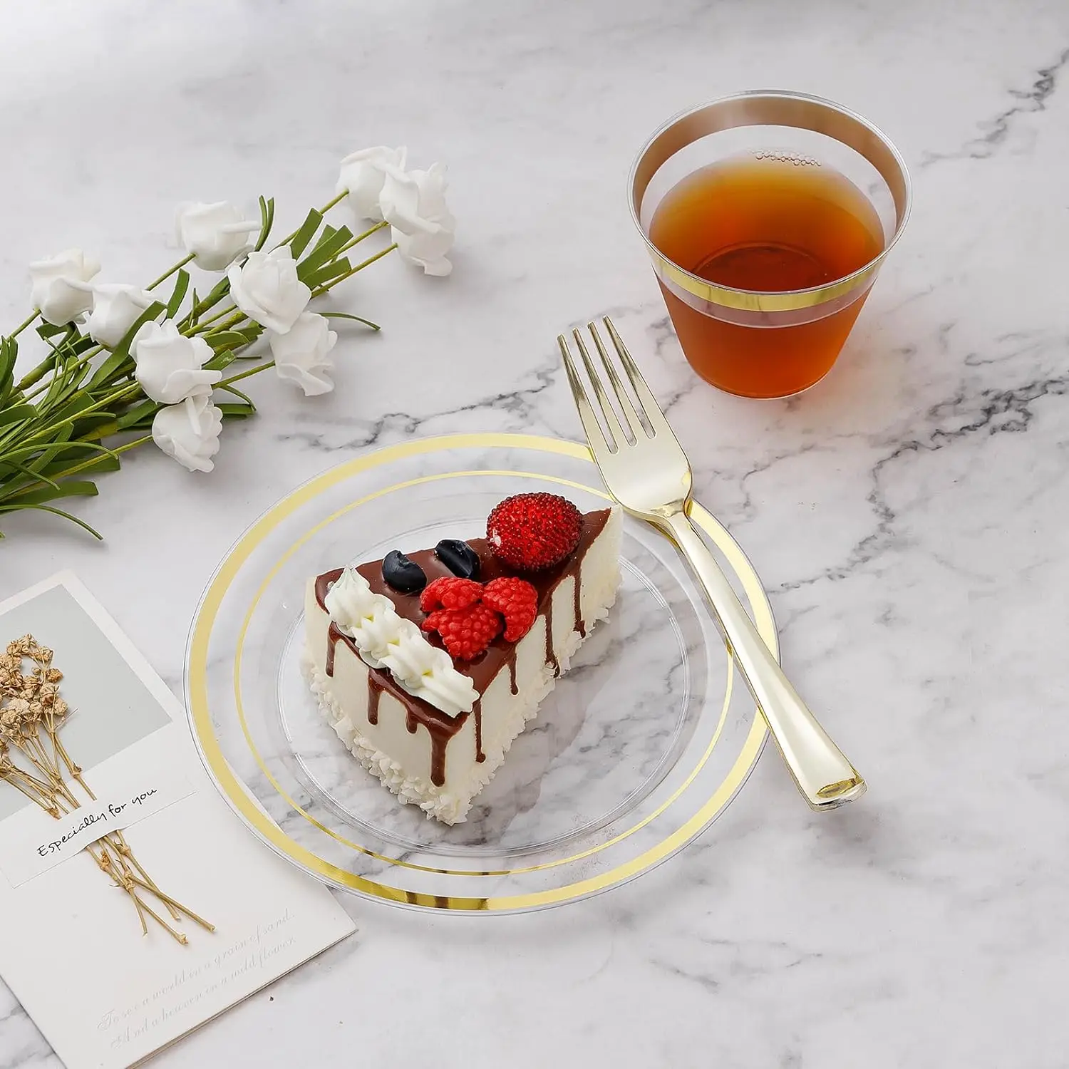 600PCS Plastic Dinnerware Set (100 Guests), Clear Gold Disposable Plates for Party, Wedding, Anniversary Includes: Dinner Plates