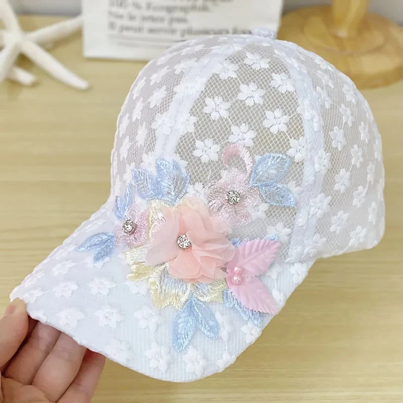 Elegant Lace-Trimmed Breathable Baseball Cap With Flower Embroidcery & Faux Pearls-Adjustable & Chic For Every Woman