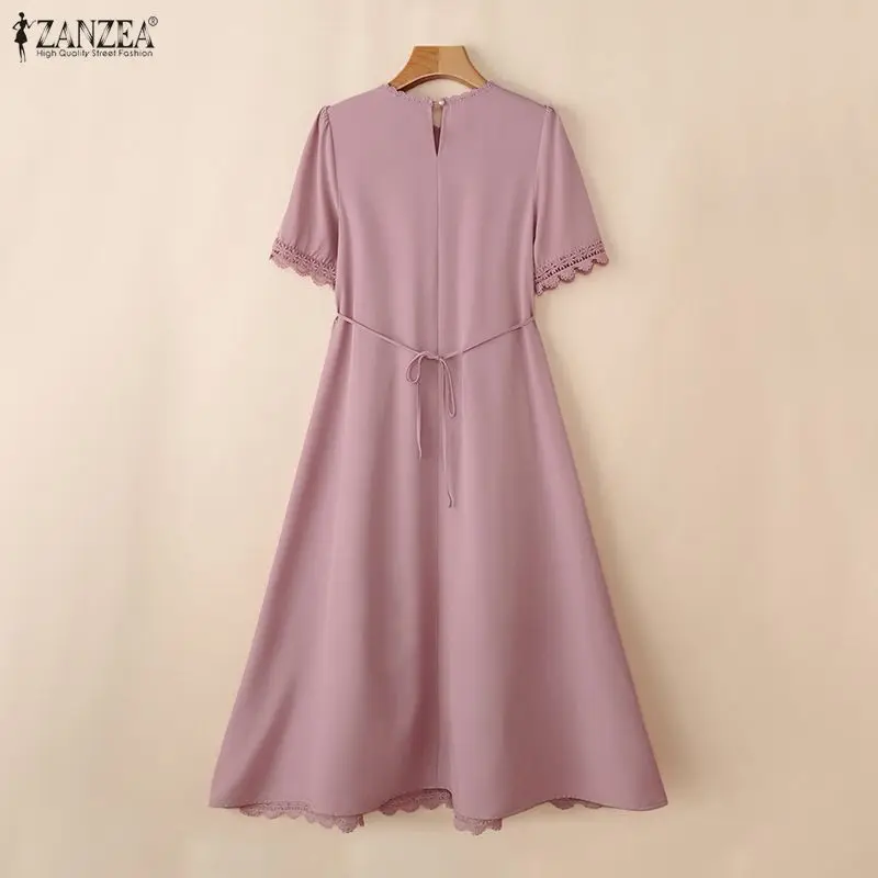 ZANZEA 2026 Women Lace Dresses Sexy Solid Maxi Long Dress Summer Short Sleeve Bohemian Beach Sundress Party Robe Femme Oversized 4