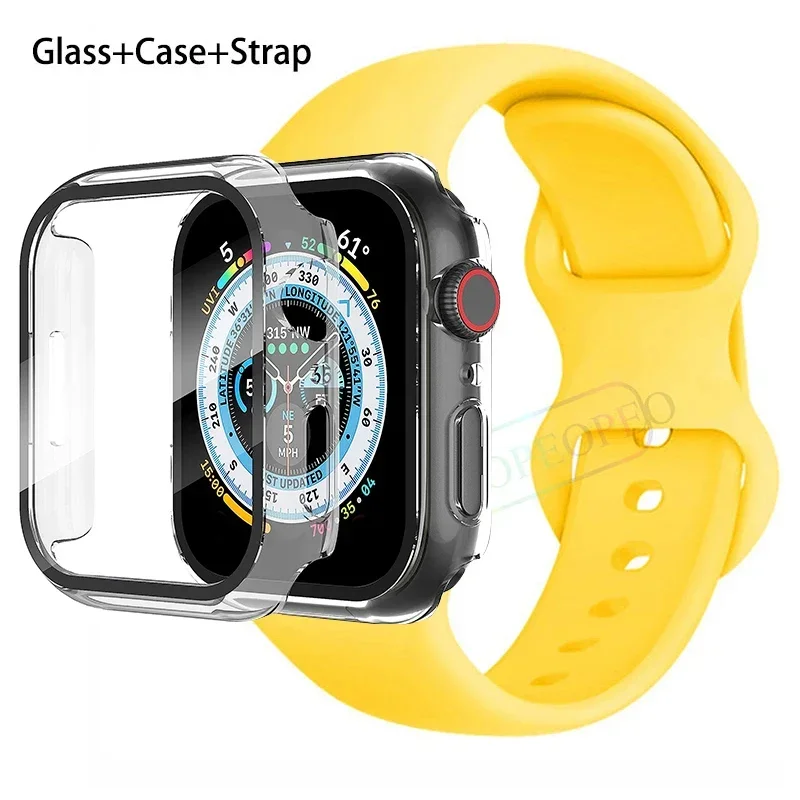 Premium Silicone Apple Watch Band with Glass Case and Strap - Compatible with All Series