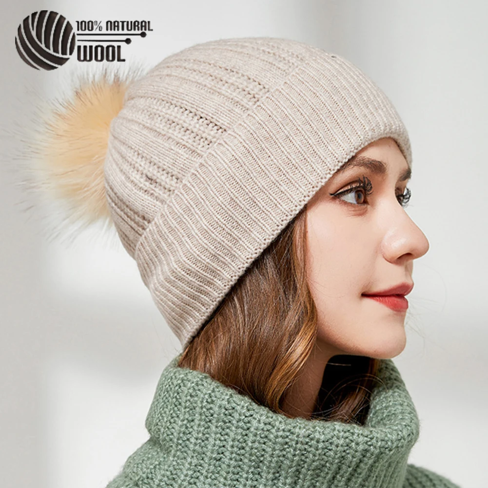 

Real Fox Fur Pompom 100% Australian Merino Wool Hat Women Winter Knit Slouchy Beanie Cashmere Skullies Hats For Girls