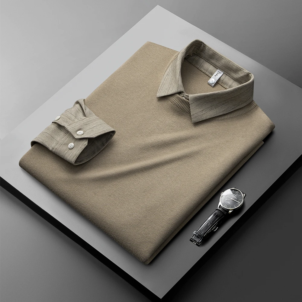 

Luxury Embroidery Spliced Fake Two Piece Sweater Men's Shirt Collar 2023 Autumn/Winter New Fashion Casual Warm Knitted Pullover