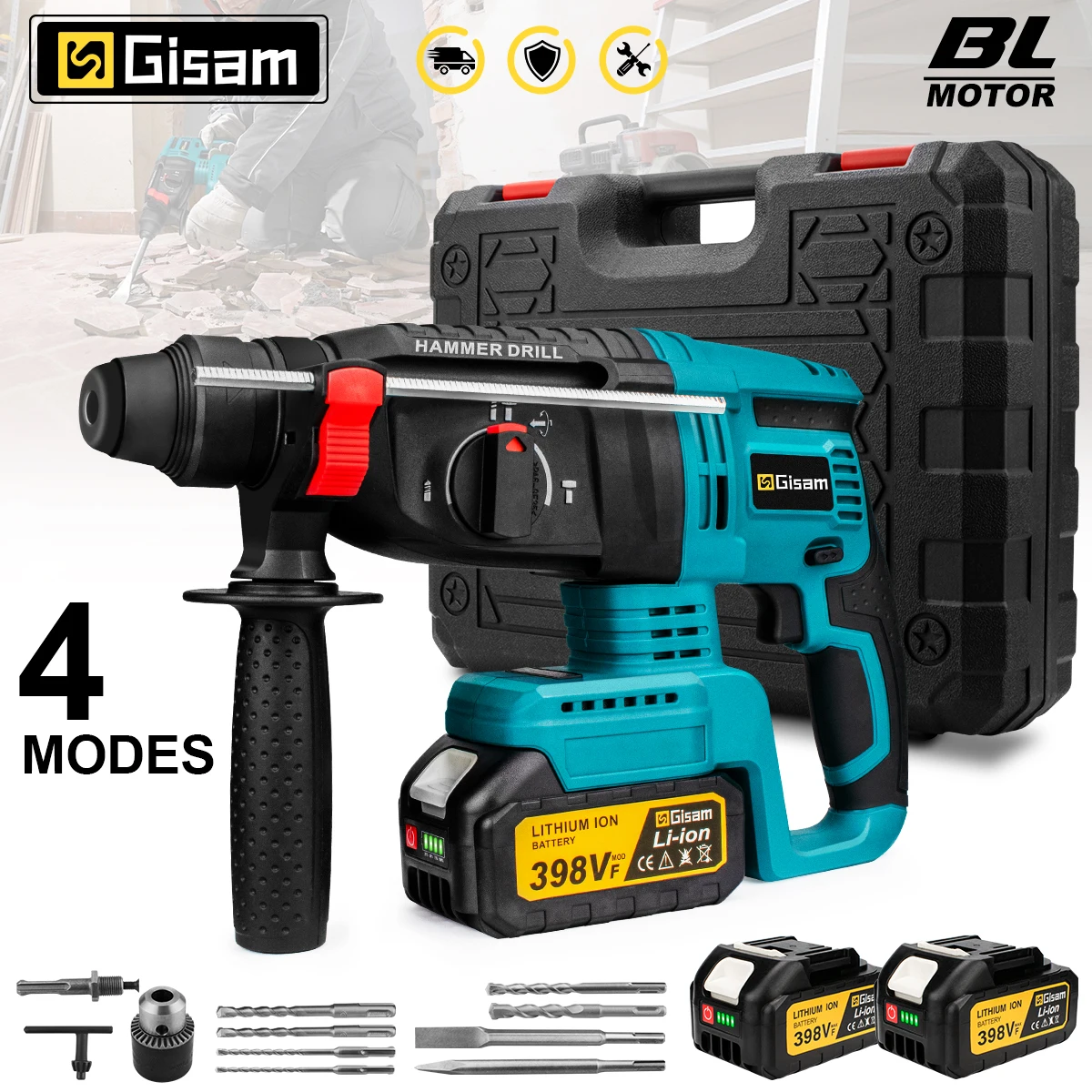 Gisam 1680W Bürstenloser Elektro-Bohrhammer 26MM Kabelloser Rotations-Schlagbohrer Holzbearbeitungs-Elektrowerkzeug für Maktia 18V Akku