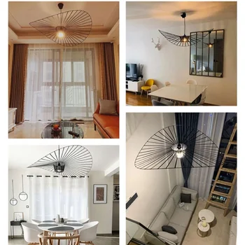 Vintage Hat Pendant Led Lamp Black Rattan Suspension Luminaire Kitchen Hanging Light Living Room Home Decor Ceiling Chandelier 4