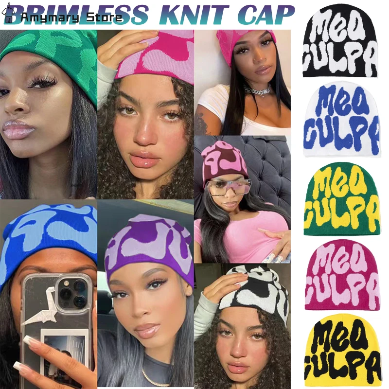 

Hot Sale Mea Culpas Beanie Knitted Hat Bonnet Y2k Gothic Beanies Women's Cap Casual Winter Warm Culpa Women Hats Accessories