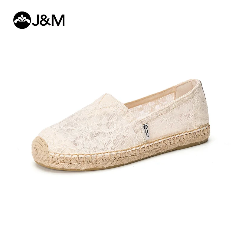 

J&M Fisherman Shoes Fashion Women Espadrilles Korean Style Lace Mesh Breathable Casual Shoes Slip-on Summer Flats White Sneakers