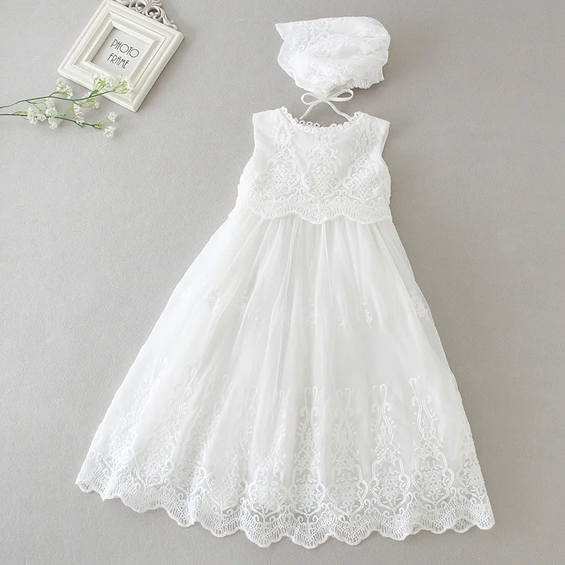 Abiti per Neonata, Vestito da Battesimo per Bambina, Abito da Festa a Maniche Lunghe per Compleanno, Vestito Bianco in Pizzo con Cappello 0-24 Mesi - immagine 4
