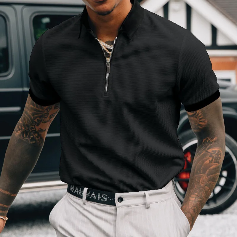 

2024 New polo Shirt T-Shirt Men's Top Zipper Lapel Two-Color Stitching Fashion Short Sleeve