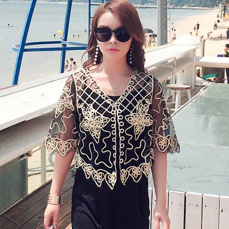 

New Short Sleeve V-Neck Women Shirt Hollow Out Mesh Yarn Shirt Blouse Women Tops Blusas Mujer De Moda 2024 Verano Blusa J135