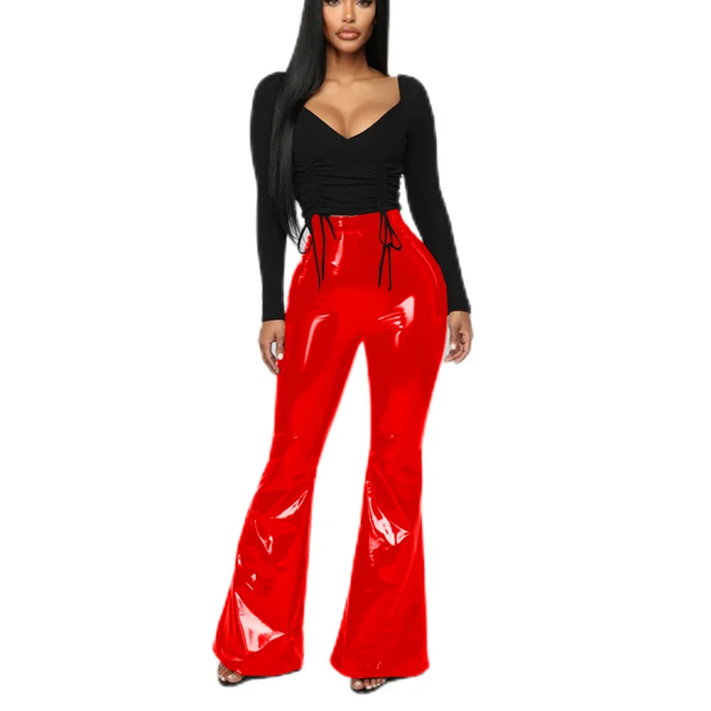 Women High Waist Flare Leggings Solid Trousers Sexy Bodycon Trousers Club Pants Fashion Patent Leather Clothing Streetwear 7XL