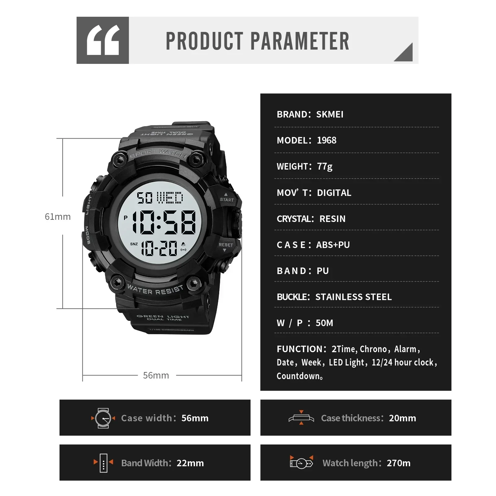 SKMEI 1968 Luxury Digital Stopwatch Military Alarm Clock LED Display Waterproof Wristwatch Sport Watch for Men Reloj Hombre 6