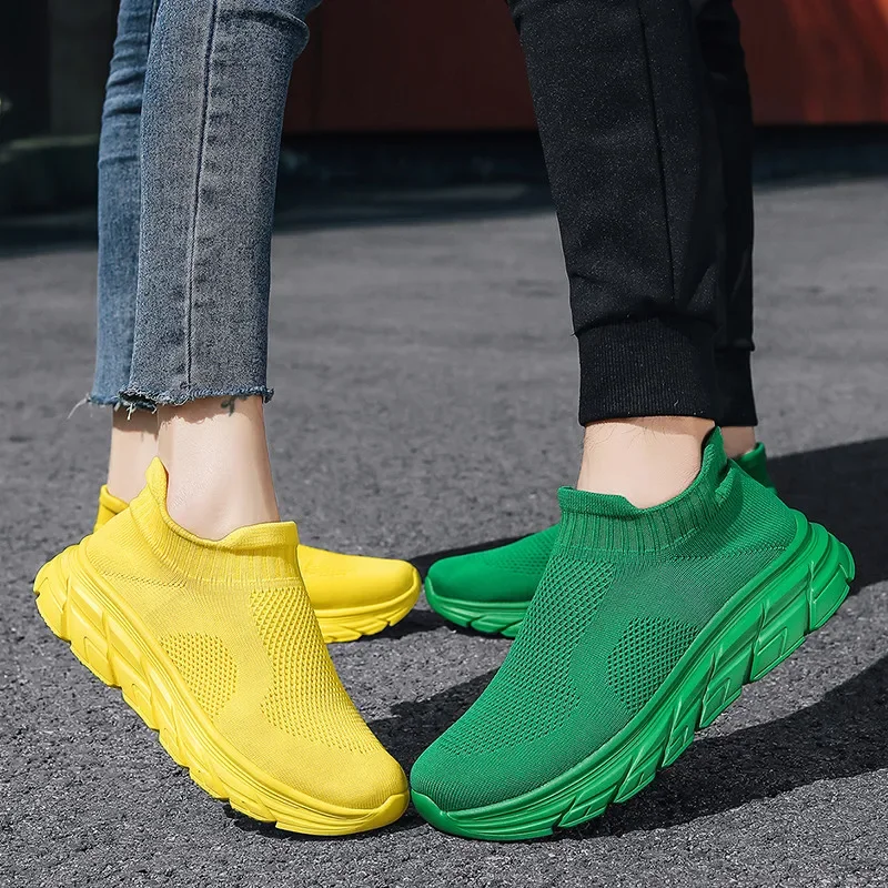 플랫폼 남성 운동화 패션 캐주얼 노란색 운동화 여성 니트 통기성 슬립 운동화 남성용 zapatillas deportivas