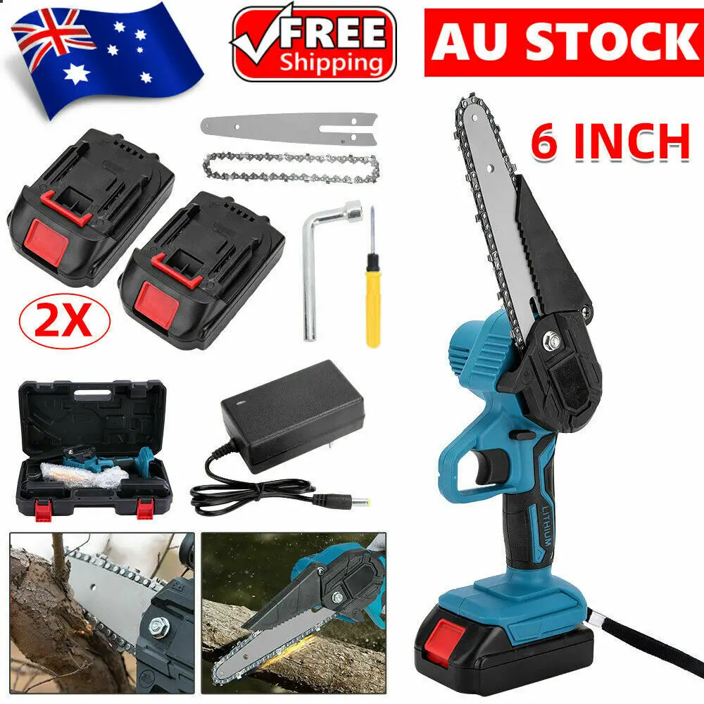6inch Electric Chainsaw Cordless Rechargeable Wood Trimming Cutter Saw Chain Saws Garden Tools with 2 Batteries
