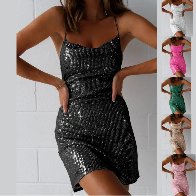 

Women's Sexy Glitter Cami Mini Dress Spaghetti Straps Wrap Bodycon Dress for Party Clubwear Sleeveless Sequins Dress Dropship