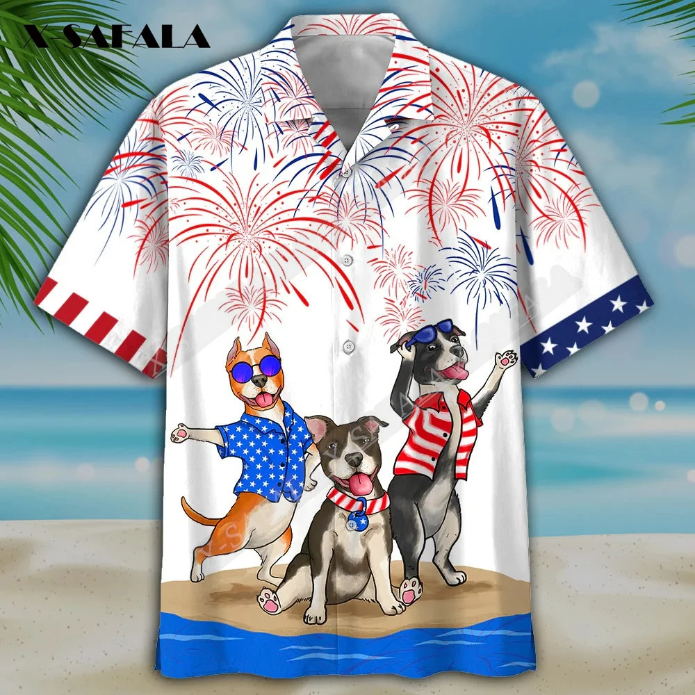 

Firework Family Funny Dog 3D Print Hawaiian Beach Shirts For Men And Woman American Usa Casual Top