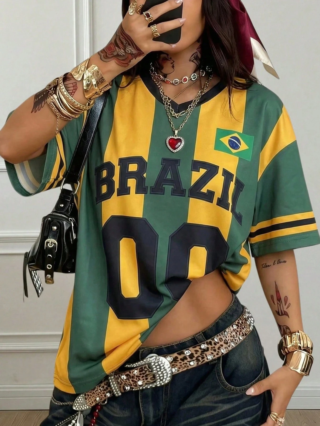 Y2K Brazil Jersey - Green & Yellow Striped Loose V-Neck T-Shirt, Streetwear Style Women's Sporty Stylish T Shirt 1