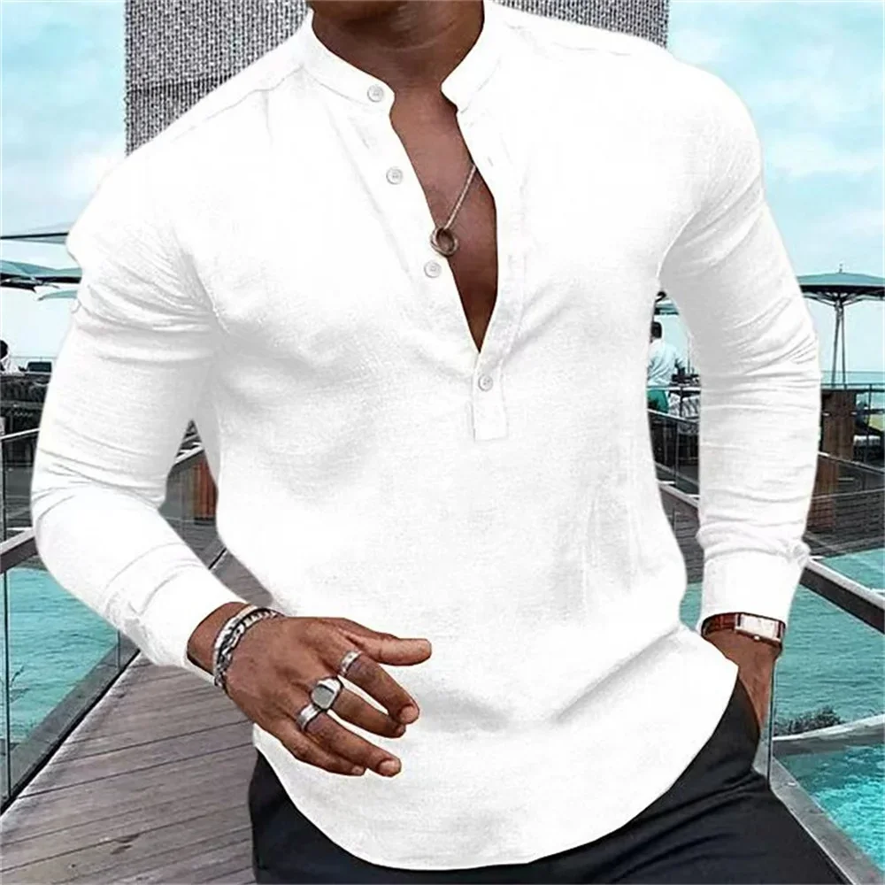 2024 New Fashion Men's Shirt High Quality Henry Solid Half Open Button Standing Neck Muscle Men's Street Top