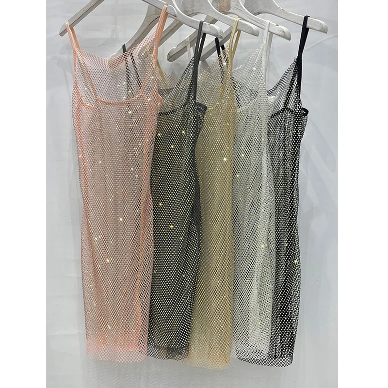 

2022 Women Perspective Sparkling Crystal Skirt Loose Diamond Vest Dress Ladies Shining Cover Ups Female Glitter Anteprima