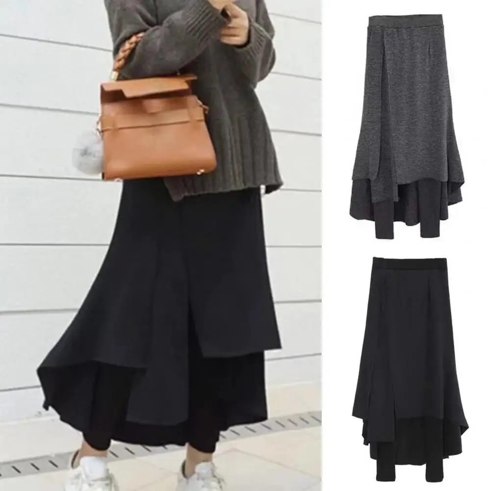 

High-Waist Pencil Pants Skirt Irregular Split Hem Thickened Leggings Skirt Women Fake Two Piece Fleece Lining Maxi Skirt