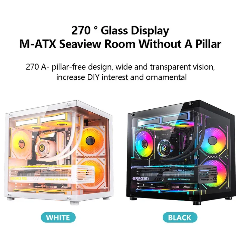 PADO YL M-ATX Gaming PC Case Desktop 270 ° Sea View Room Computer Case Without A-pillar Double-Sided Transparent PC Gamer Cabi