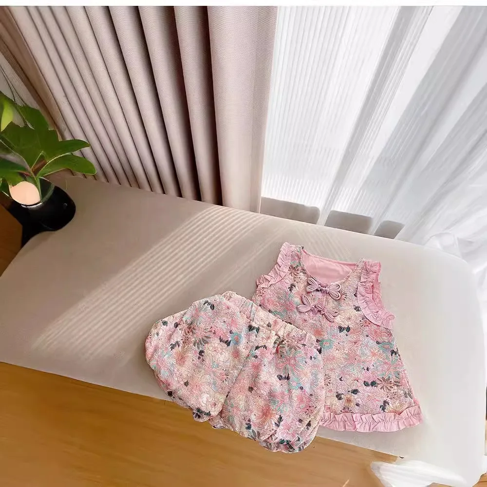 

Kid Baby Girl 2PCS Clothes Set Sleeveless Floral Print Bow Ruched Versatile Cotton Tops Elastic Shorts Suit Toddler Girl Outfits