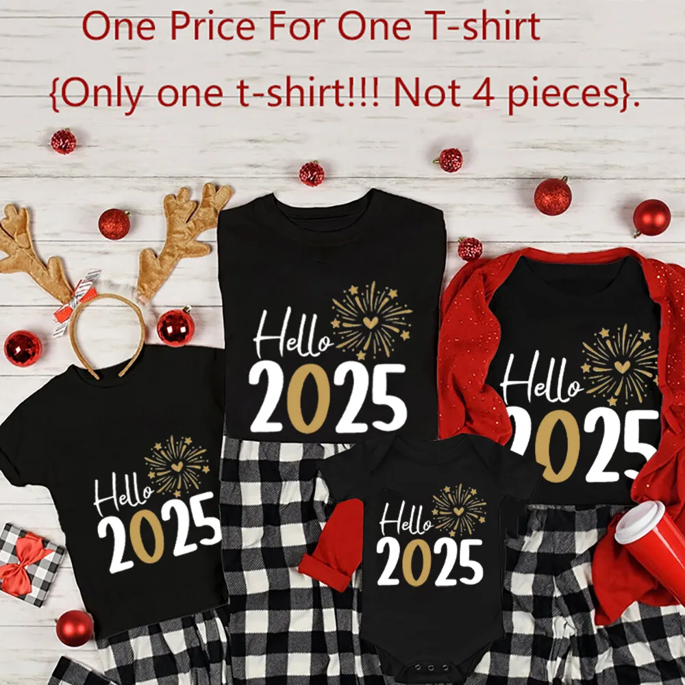 Divertida camiseta de Hello 2025 para la familia, atuendos a juego, madre, padre, hija, hijo, mameluco para bebé, look familiar, ropa de Año Nuevo