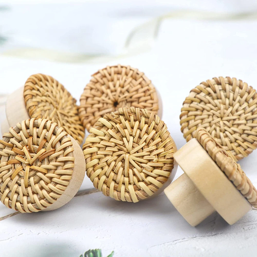 Solid Wooden Door handle Circular Small Rattan weaving Single hole Cabinet Wardrobe Shoe drawer Pulls Knobs For Furniture 2pcs door handles cabinet handles