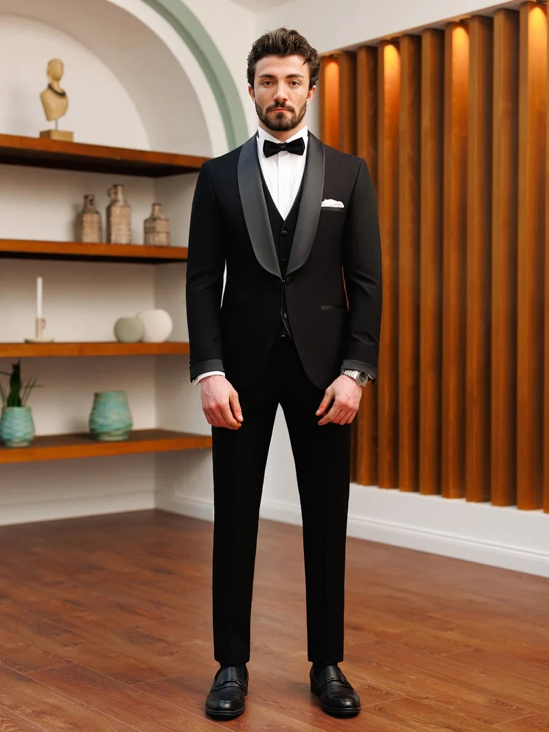 Handsome Black Slim-Fitting Tuxedo Suit for Men, Vest, Coat, Pants, Formal Occasions, Wedding, Cocktail, 3Pcs, 2024