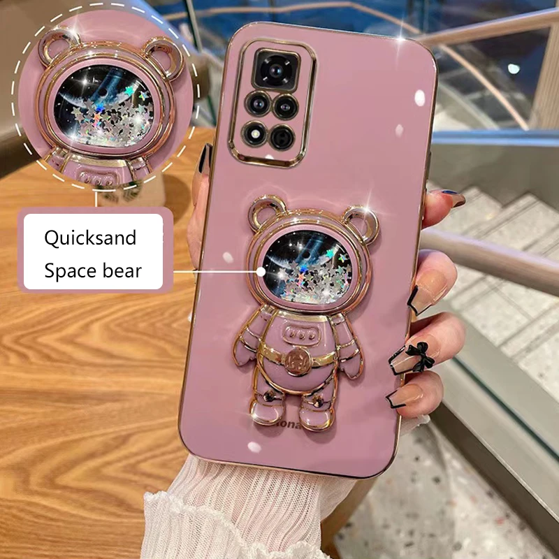

Quicksand Space Bear Holder Phone Case for Tecno Camon 15 16 18 Plating Cover Shell for Tecno Camon 19 neo Spark 5 Pro Boy Girls