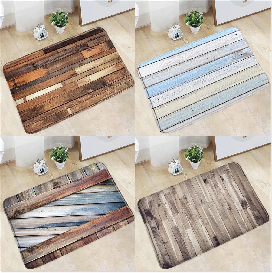 

Vintage Wood Plank Bathroom Mat Blue White Brown Retro Farmhouse Barn Old Door Texture Non-Slip Rug Kitchen Doorway Aisle Carpet