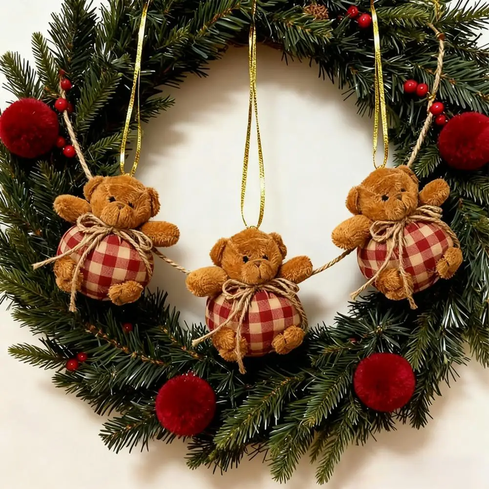 2Pcs 10cm Mini Plaid Bear Ornaments Christmas Tree Hanging Decor Cute Bear Keychain Festive Xmas Stocking Plush Stuffer Gifts