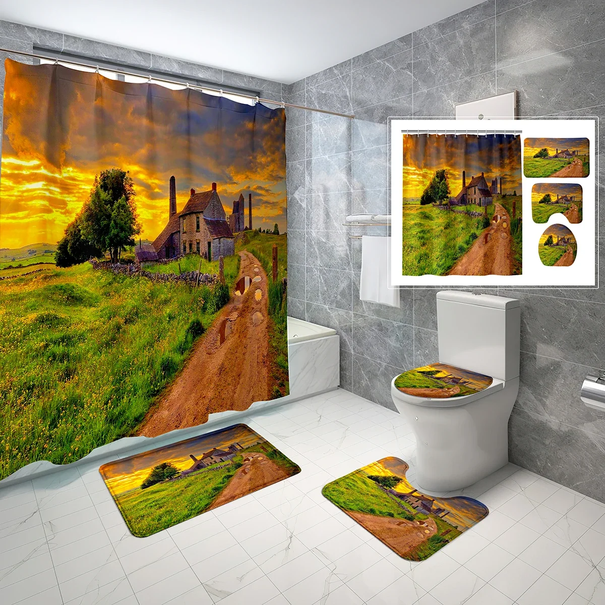 

4 Pcs British Country Town Shower Curtain Sets with Non-Slip Rugs Mat Toilet Lid Sunset Meadow Waterproof Shower Curtain Set