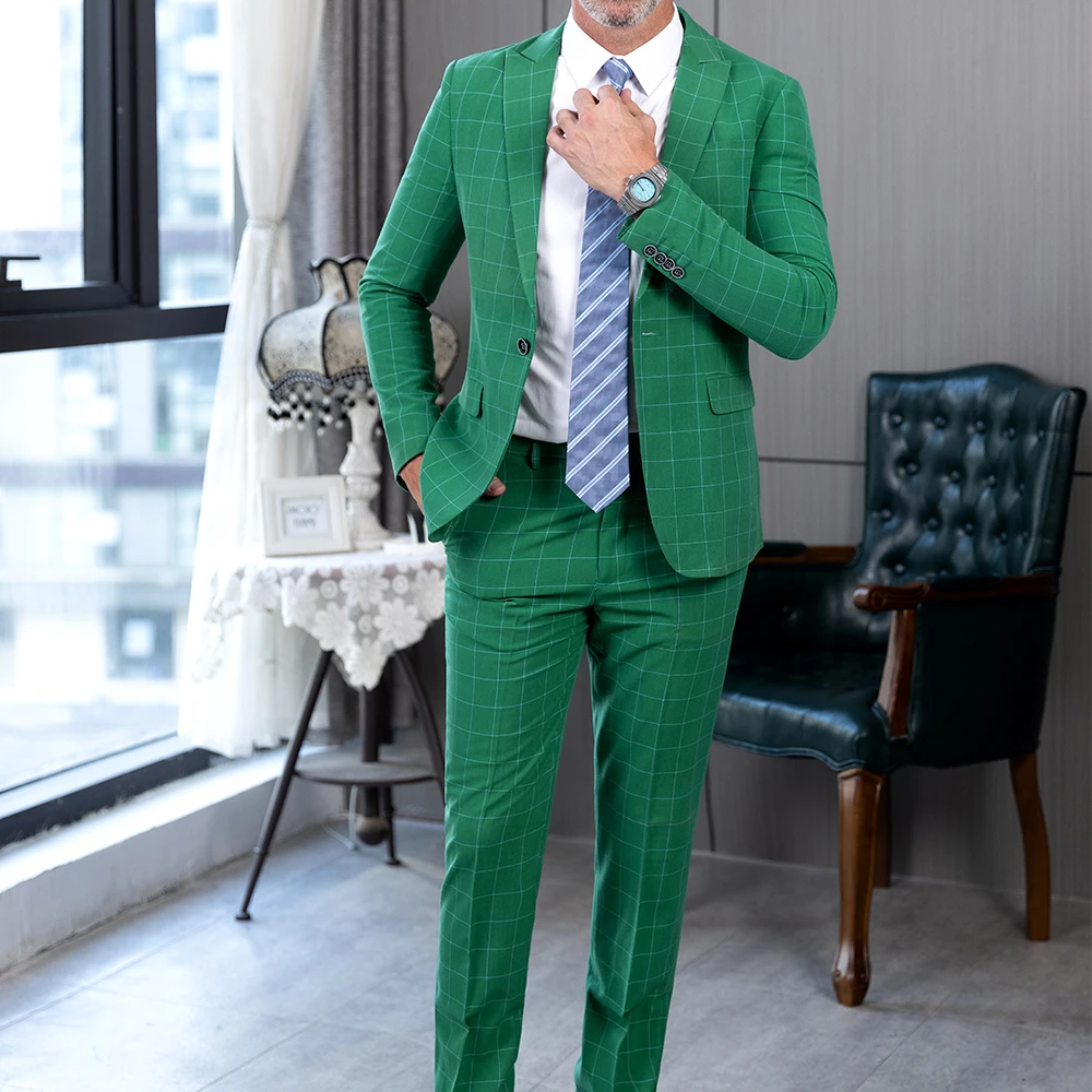 

New Arrival Formal Mens Suit 2 Pieces Business Plaid Solid Peak Lapel Tuxedos Men's Suits For Wedding(Blazer+Pants)