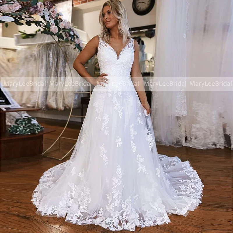 

Plus Size Boho Wedding Gowns V-neck Floral Appliques White Tulle Beach Bridal Dresses Chapel Train Vestidos de noiva praiano