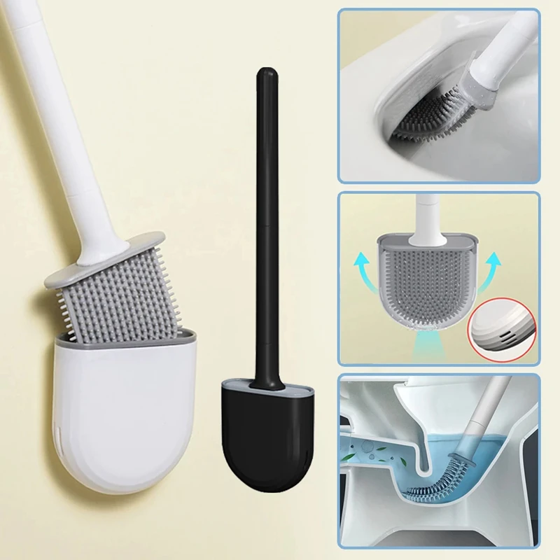 Toilet Brush Water Leak Proof With base Silicone Wc Flat Head Flexible Soft Bristles Brush with Quick Drying Holder Set