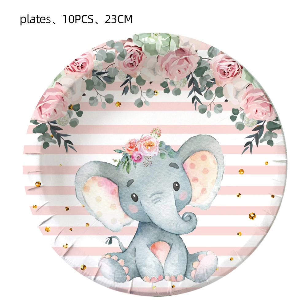 Description Picture 4 of itemPink elephant Baby Shower Theme Party Paper Plate Napkin Disposable Tableware girl Birthday Party One Baby Shower ballon Supplie